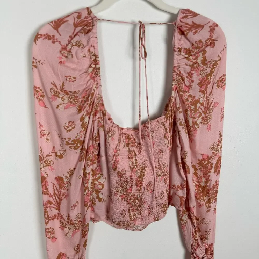 Free People Hilary Printed Floral Top Size S Pink Combo Long Sleeve Open Back